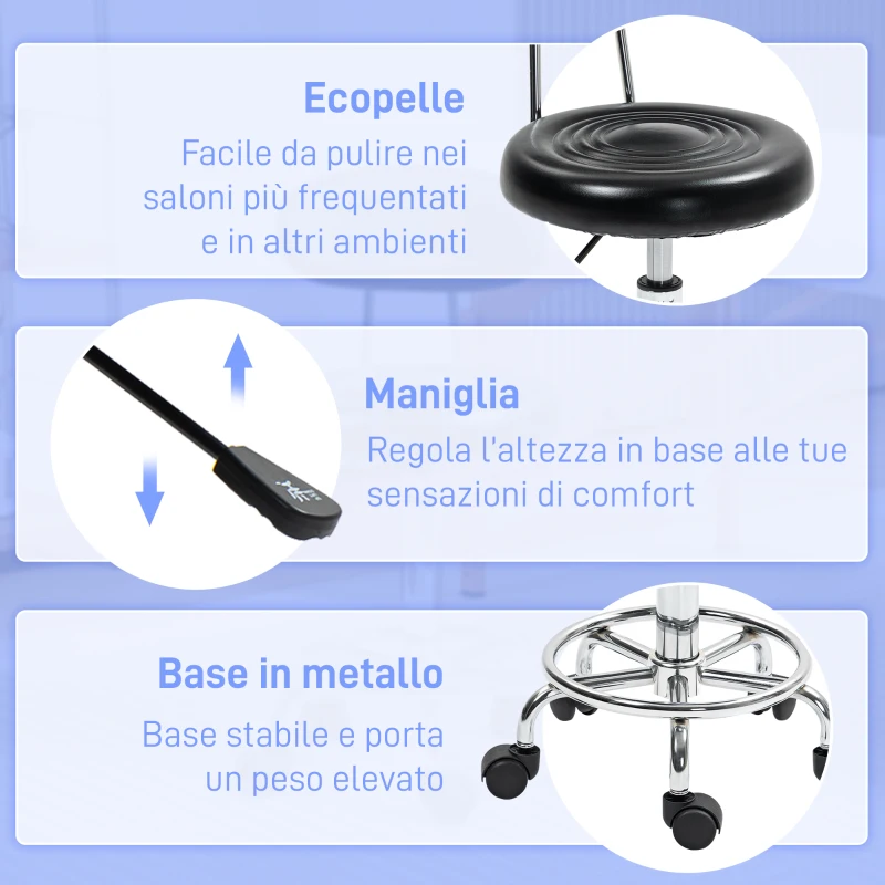 HOMCOM Sgabello Regolabile Girevole a 360° con Schienale, Ruote e Poggiapiedi, in Acciaio, Finta pelle e Schiuma, Nero