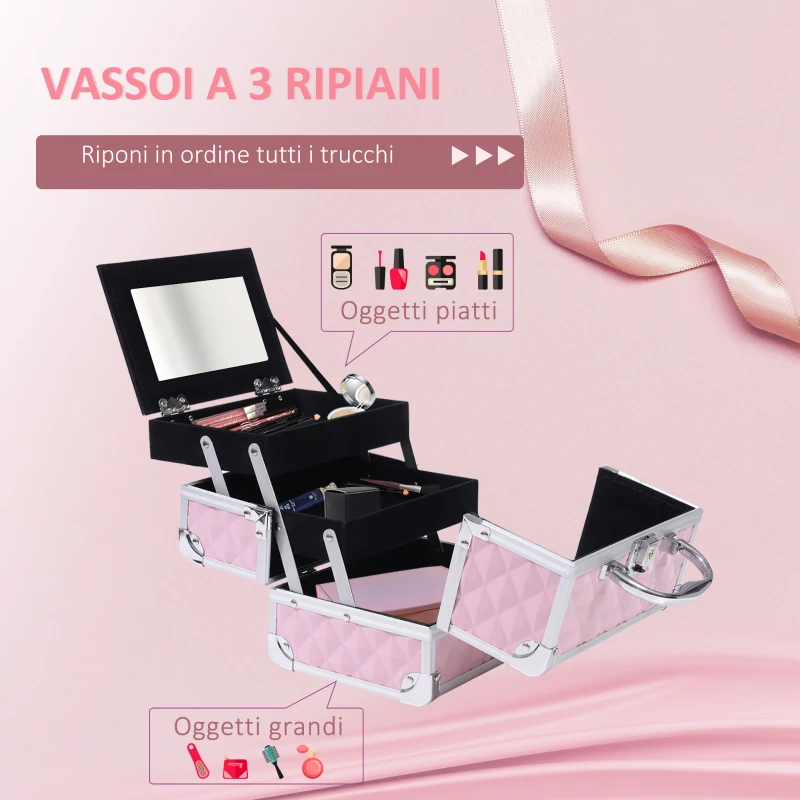 HOMCOM Valigetta Porta Trucchi con Profili in Alluminio, Maniglia e Vassoio Cantilever, 20x15x15cm, Rosa