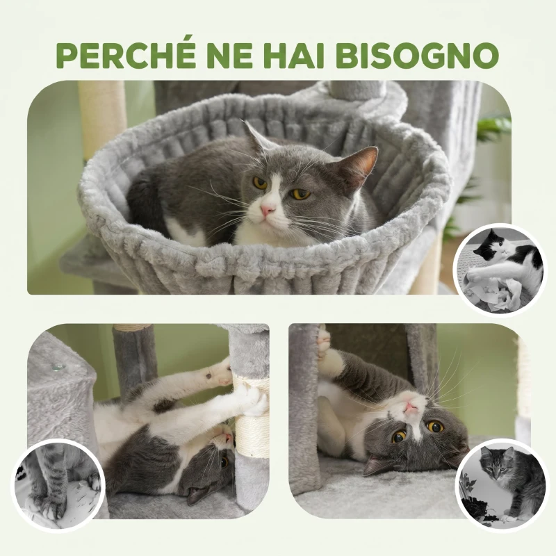 PawHut Albero per Gatti Alto 206 cm con 4 Pali Graffiatoi, Grotte, Cesti, Amache, per 1-3 Gattini 6 kg, Grigio Chiaro