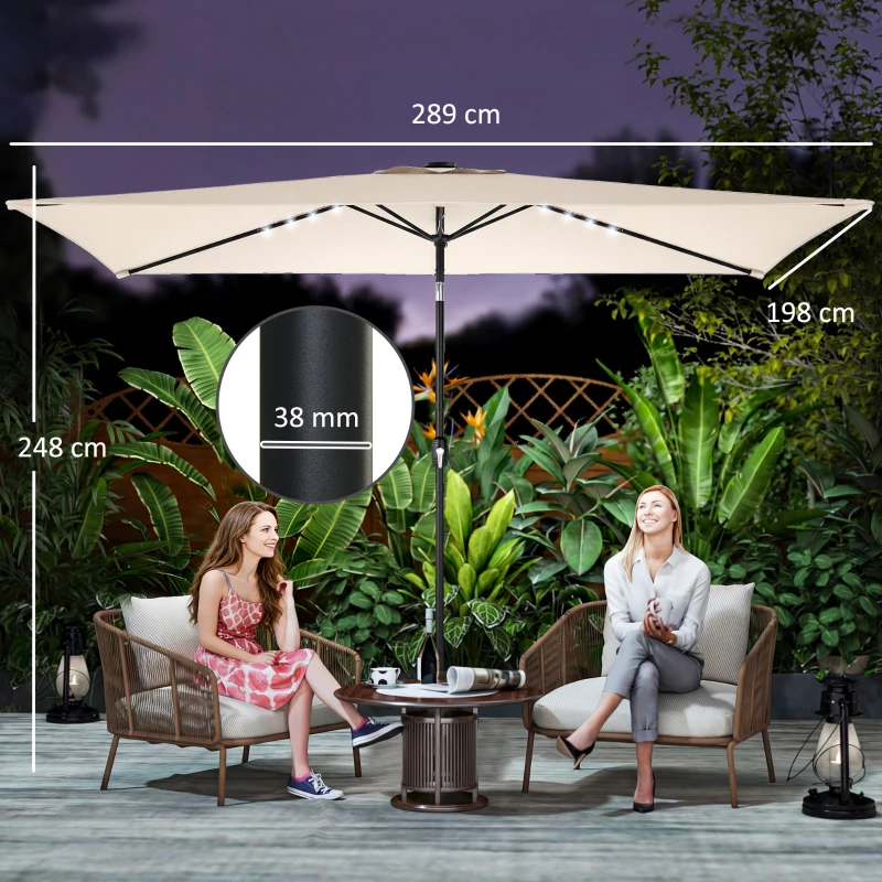 Outsunny Sonnenschirm LED Solar ca. 300 x 200 cm knickbar Balkonschirm mit Kurbel Schutzhülle, UV Schutz, Drehbar Cremeweiß