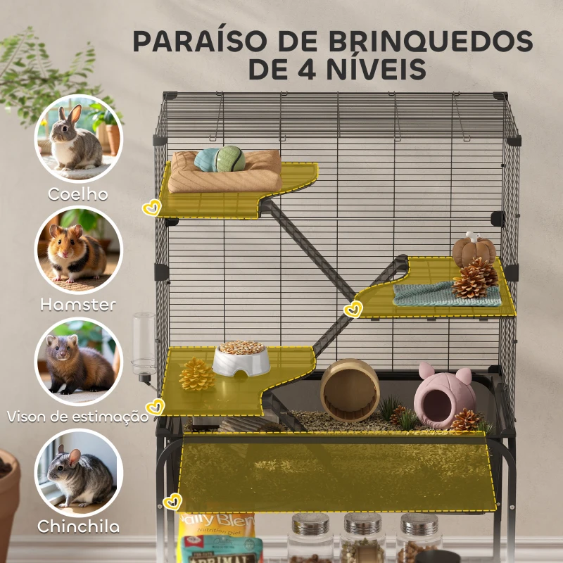 PawHut Gaiola para Pequenos Animais de 4 Níveis com Bandeja Inferior Rodas Rampas Comedouro e Bebedouro 73x47x123 cm Preto