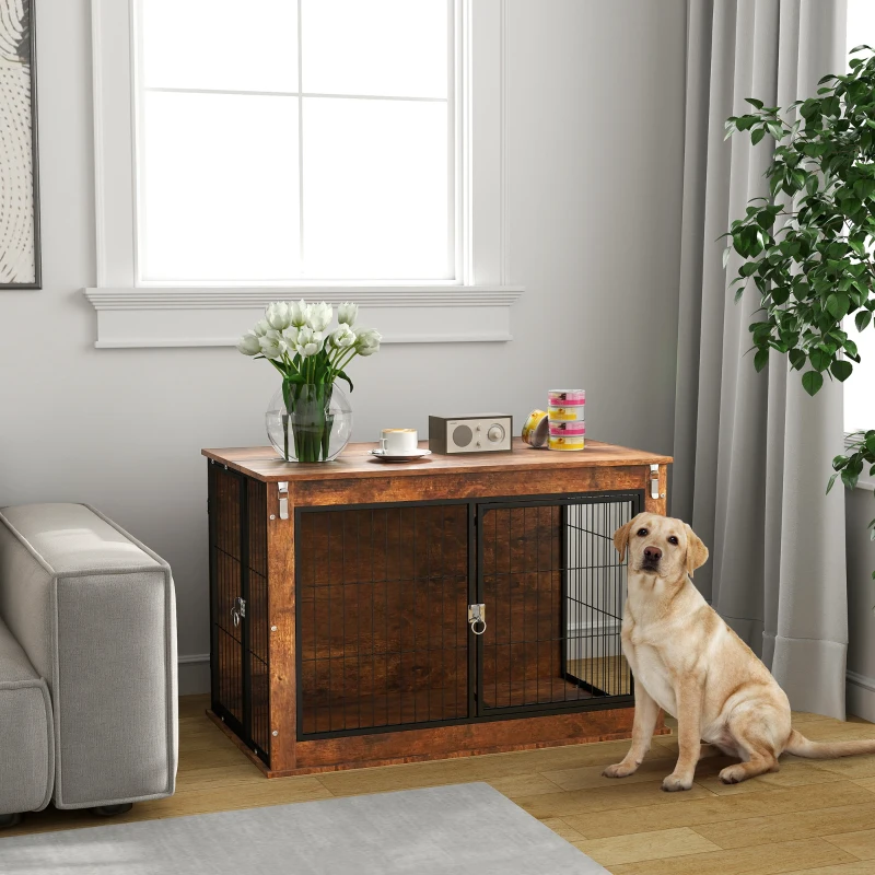 PawHut Dog Crate Furniture with Openable Top, Two Doors, for Large Dogs, Rustic Brown