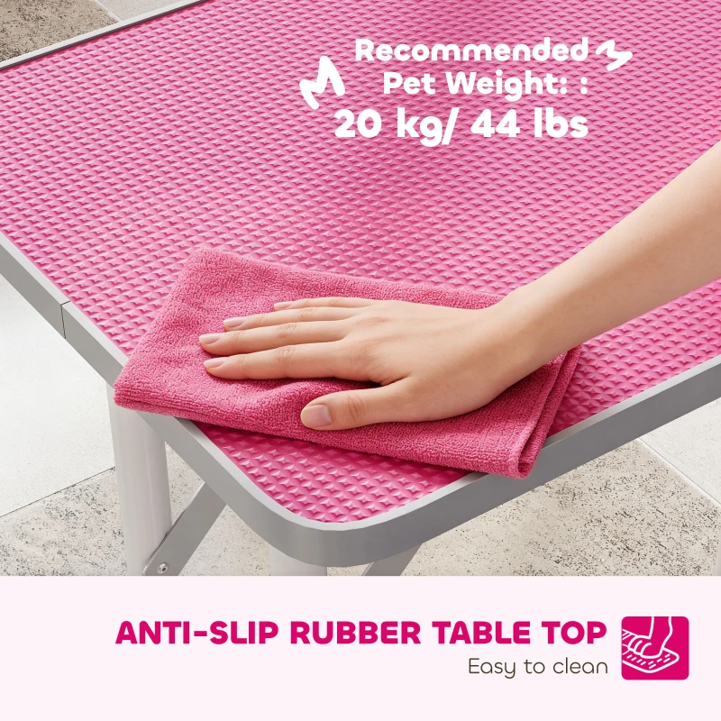 PawHut 32" Foldable Dog Grooming Table Pet Drying Beauty Table Adjustable Fixed Arm Rubber Top, Pink