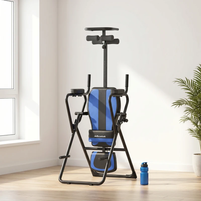 SPORTNOW Tabla de Inversión Plegable con Dominadas y Flexiones Altura Ajustable 155-198 cm Ángulos 20° 40° 60° Cinturón Azul