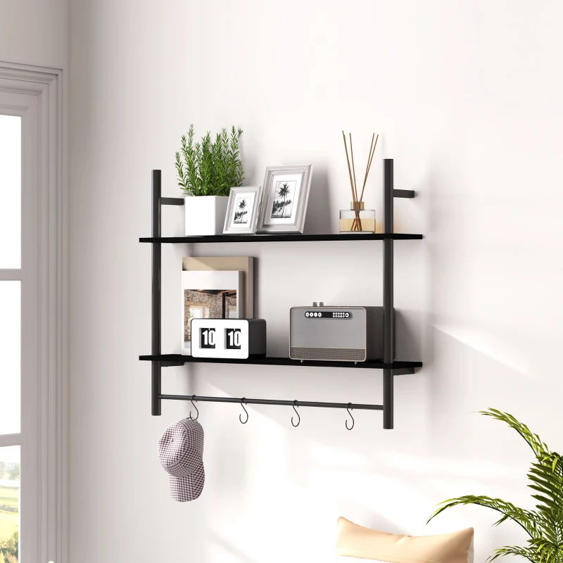 HOMCOM Estante de Parede de 2 Níveis Estante Suspensa com 4 Ganchos 2 Prateleiras e Estrutura de Metal 80x24x65 cm Preto