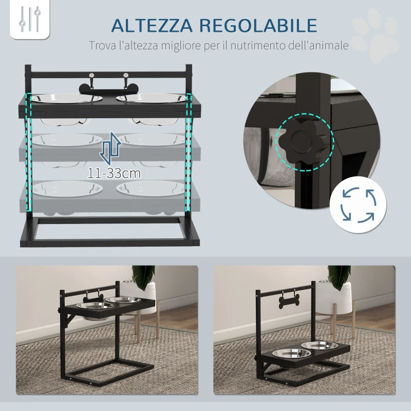 PawHut Portaciotole per Cani Rialzata con Altezza Regolabile, 2 Ciotole in Acciaio da 900ml, Nero