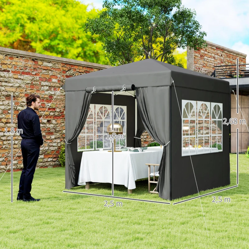 Outsunny 2,5 x 2,5 m Pop-up-Pavillon mit Seitenwänden und Transporttasche, UPF50+ höhenverstellbares Gartenzelt, Dunkelgrau