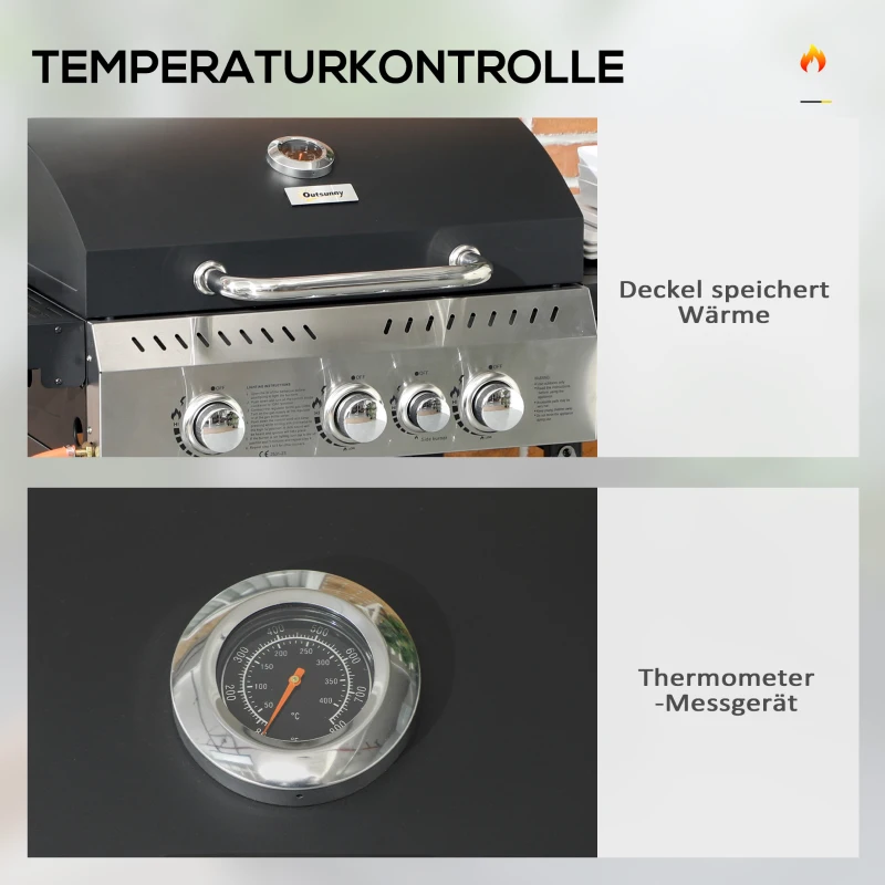 Outsunny Gasgrill, BBQ-grill, 4 hoofbranders, 1 zijbrander, 1 warmhoudplaat; 123 x 52 x 101cm, Zwart