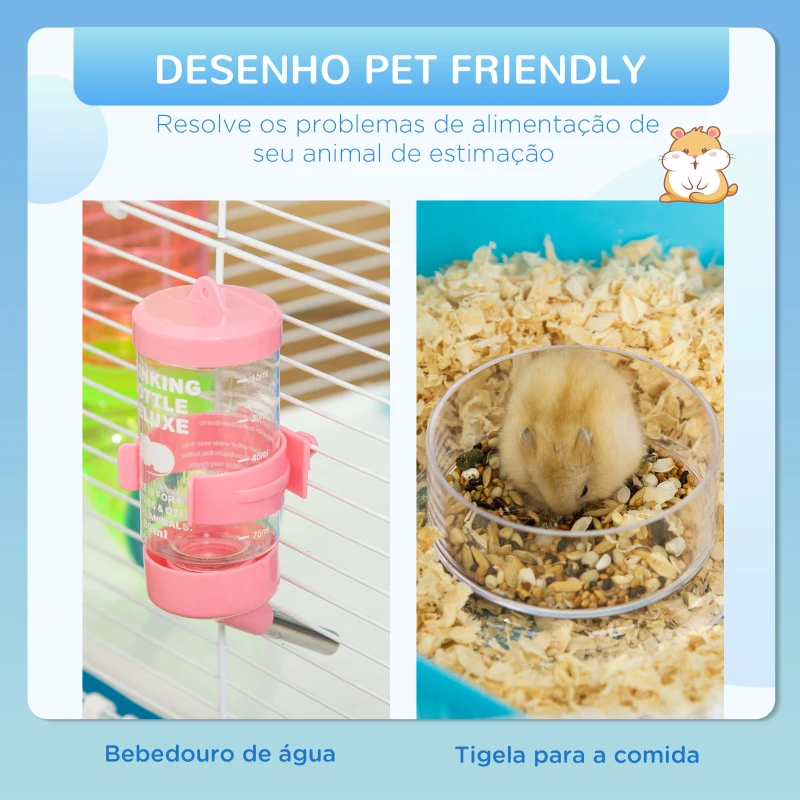 PawHut Gaiola para Hámster Grande 59x36x69cm Gaiola para Roedores com 4 Plataformas Tubos Comedouro Bebedouro 4 Rampas Roda de Exercícios e 2 Alças Portáteis Multicor