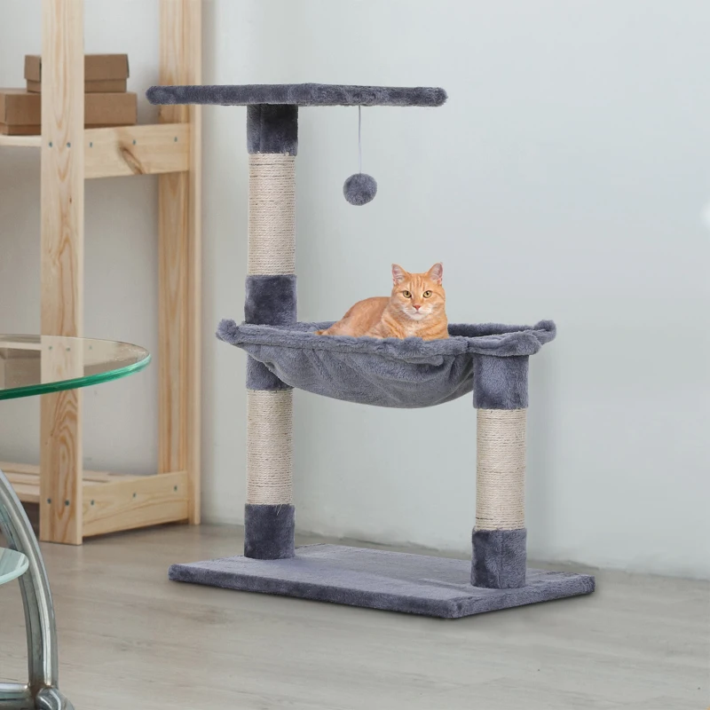 PawHut Kattenboom 3 verdiepingen krabpaal kattenbed met hangmat sisal paal pluche grijs(m-2)