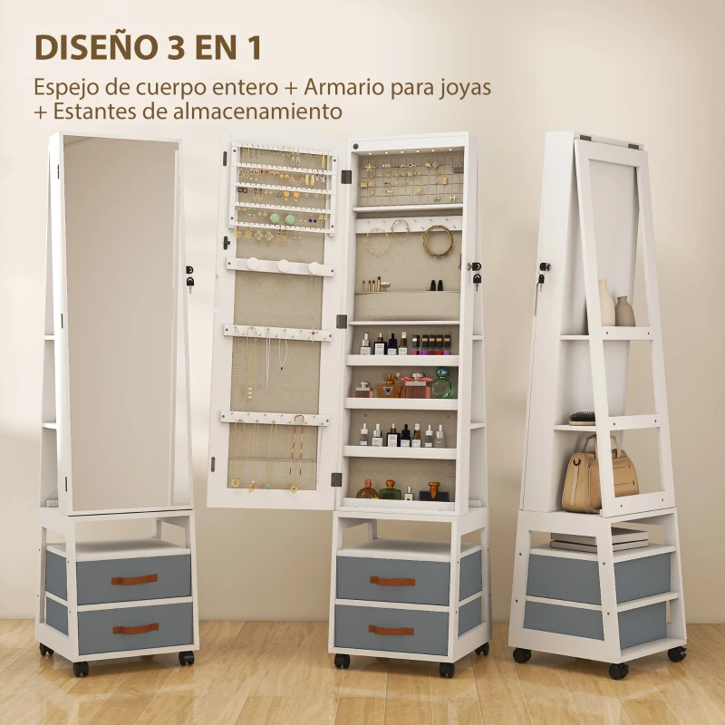 HOMCOM Espejo Joyero con Luces LED Interior Ruedas Giratorio de 360° Estantes Abiertos Cajones de Tela Blanco