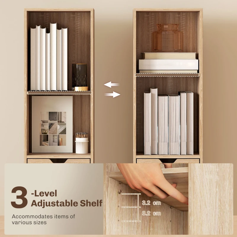 HOMCOM 6-Tier Bookcase, Tall Narrow Bookshelf with Drawer and Door - Natural Wood Finish