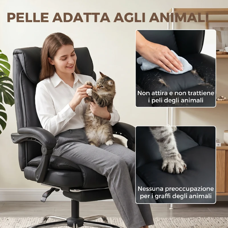 HOMCOM Sedia da Ufficio Reclinabile a 155° con Poggiapiedi, Doppia Imbottitura e Rivestimento in Finta Pelle, Nero