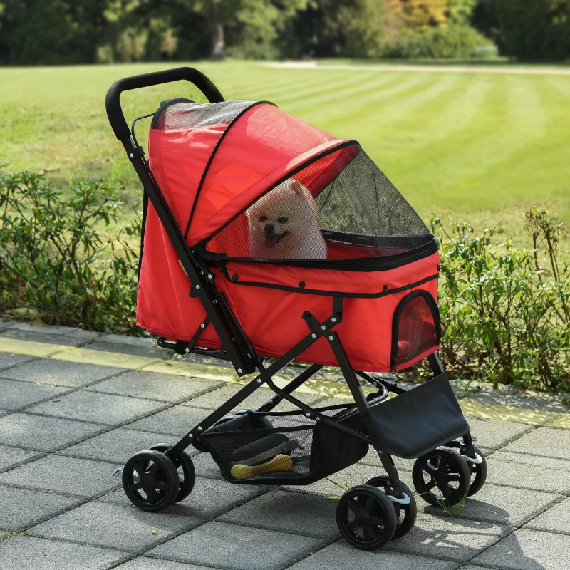 PawHut Carrinho para Animais de Estimação Dobrável Carro para Cães e Gatos com Capô Ajustável Cesta de Armazenamento Cinto de Segurança Tecido Oxford 600D Aço 76,5x52x95cm Vermelho