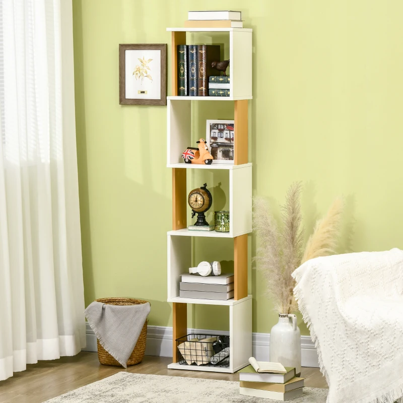 HOMCOM Estantería Librería en Forma S Estantería para Libros con 5 Estantes para Salón Oficina 33x28x161 cm Blanco