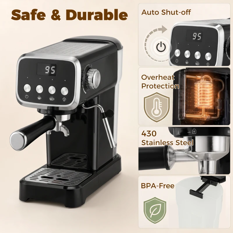 HOMCOM Espresso Machine, 20-Bar Cappuccino Coffee Maker with Frother Wand, 1.2 L Water Tank, Black