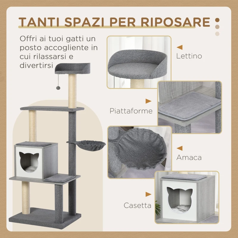 PawHut Tiragraffi per Gatti Multi-attività Morbido con Cuccia Palla Cestino Sospeso in Sisal Peluche Grigio 61x49x160.5cm