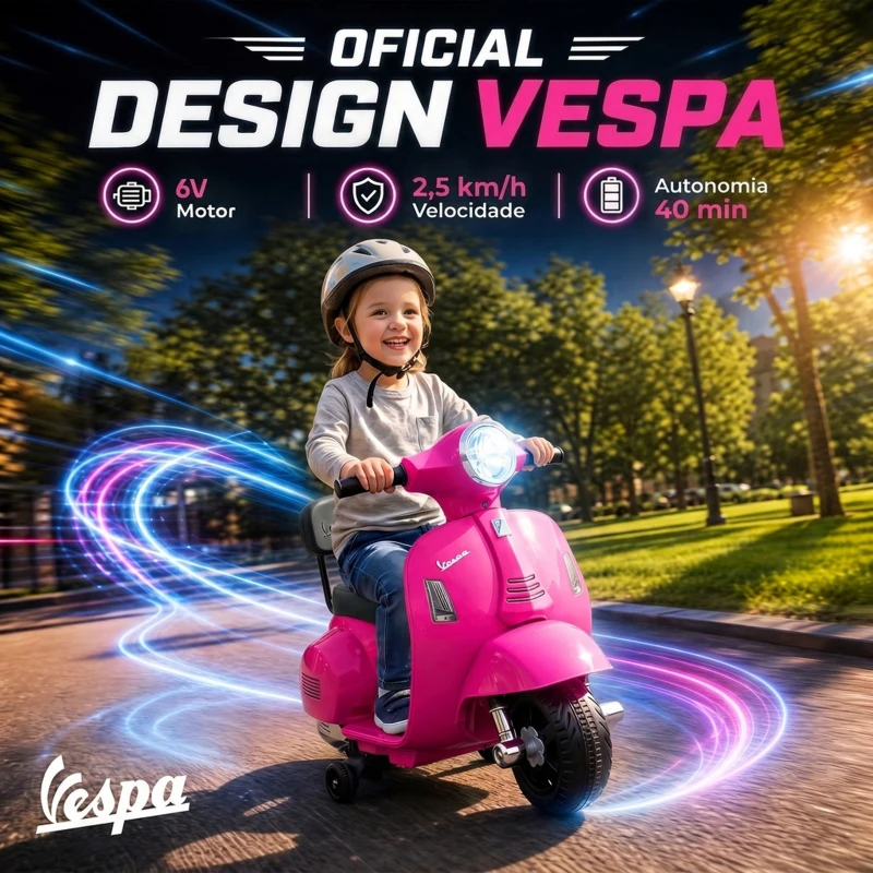 AIYAPLAY Mota Elétrica Infantil com Licença Mini Vespa GTS, 2 Rodas Auxiliares, Bateria de Lítio, Farol, Buzina, Encosto, Rosa