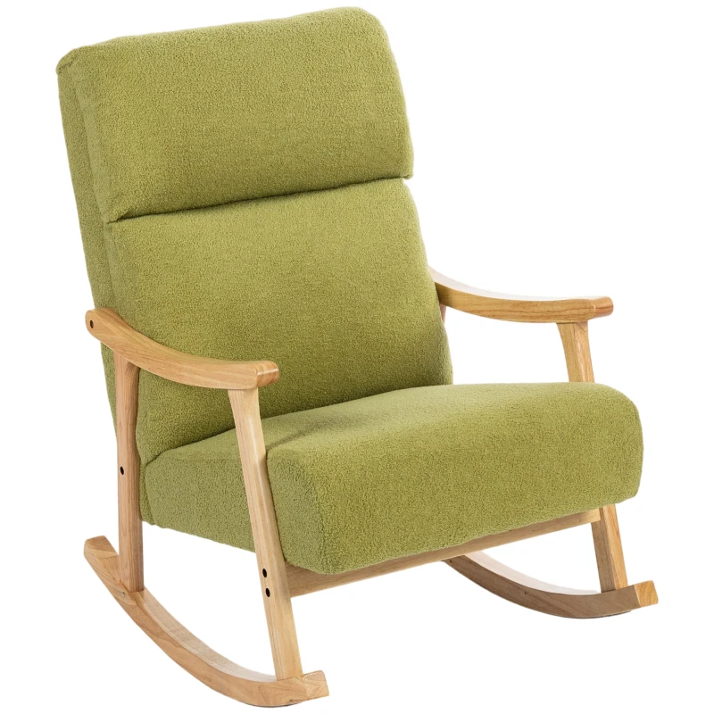 HOMCOM Poltrona Baloiço Moderna em Borrego com Apoio para os Braços de Madeira de Faia Poltrona de Amamentação 65x90x98 cm Verde claro