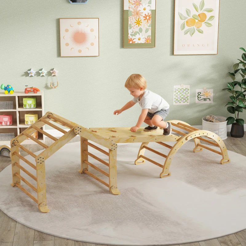 AIYAPLAY 9-in-1 indoor klimrek, helling, glijbaan, ladder, krijtbord, voor peuters, hout(m-2)