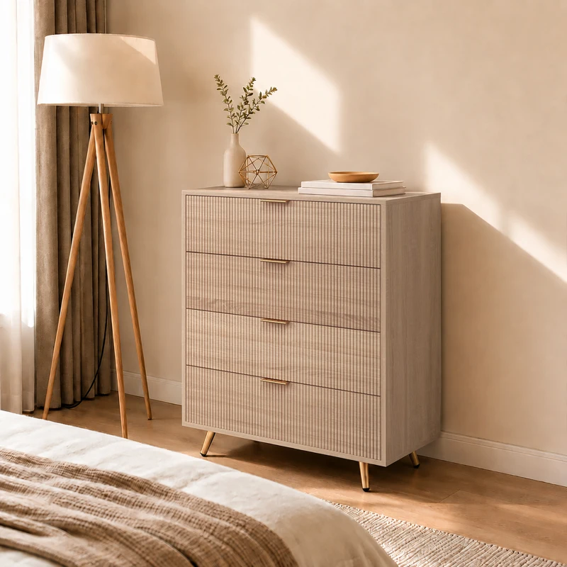 HOMCOM Bedroom Chest of Drawers with 4 Drawers, Fluted Dresser with Gold Tone Handles, Storage Cabinet, Natural