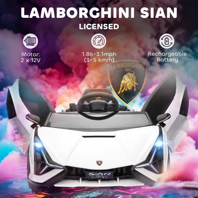HOMCOM Lamborghini Sian Licensed Electric Car for Kids, 12V Kids Electric Ride on Car with Dual Motors, Remote Control, White