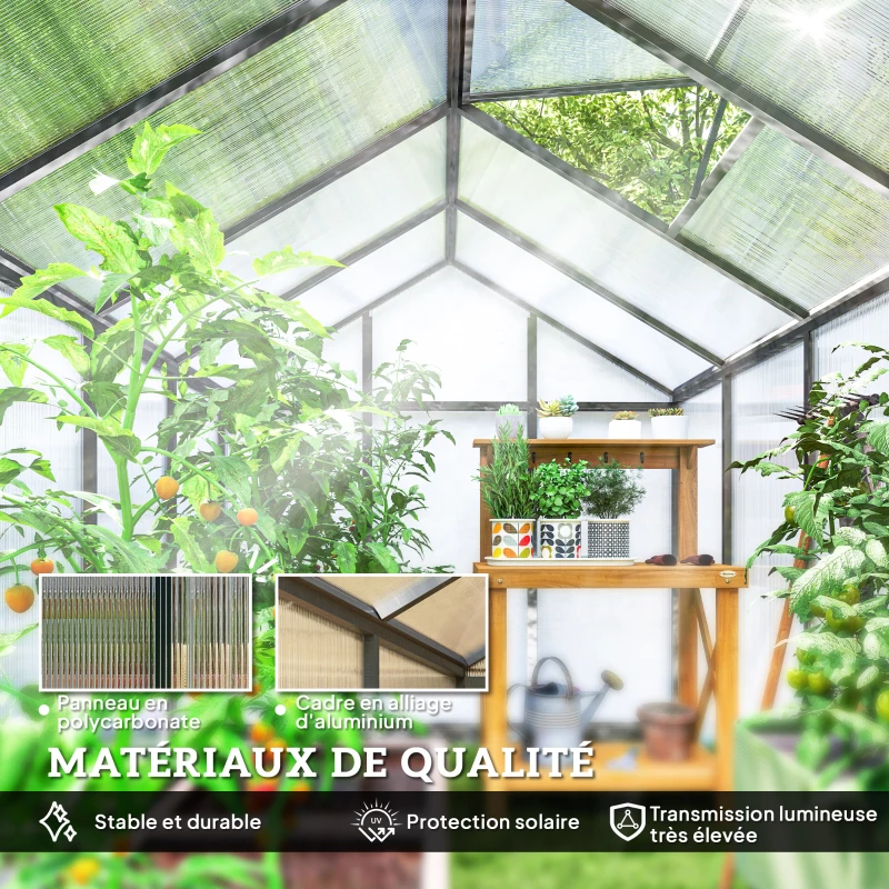 Outsunny Serre de jardin en aluminium polycarbonate, serre avec fenêtres supérieures réglables 303x183x195cm transparent