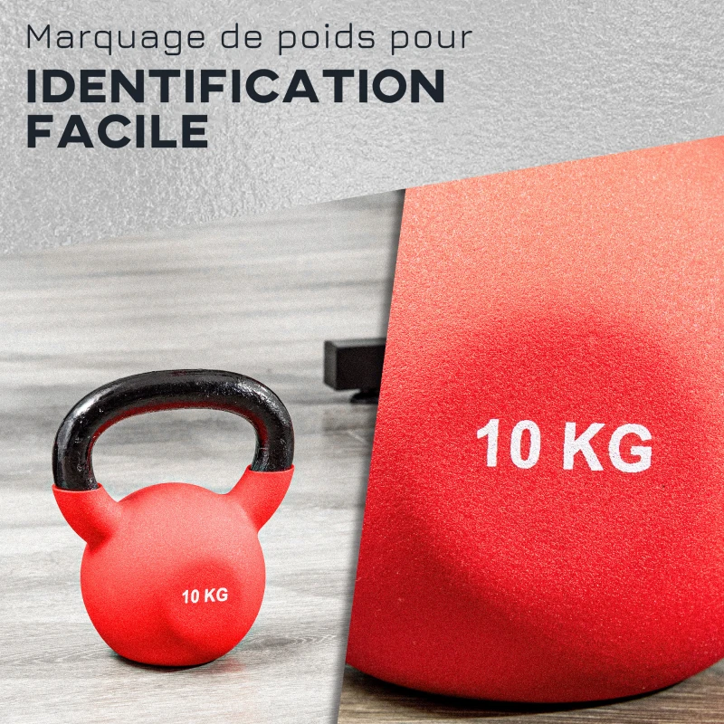 HOMCOM Kettlebell 10 kg en métal poids pour entraînements avec poignée antidérapante et fond plat 19x12x22cm rouge et noir