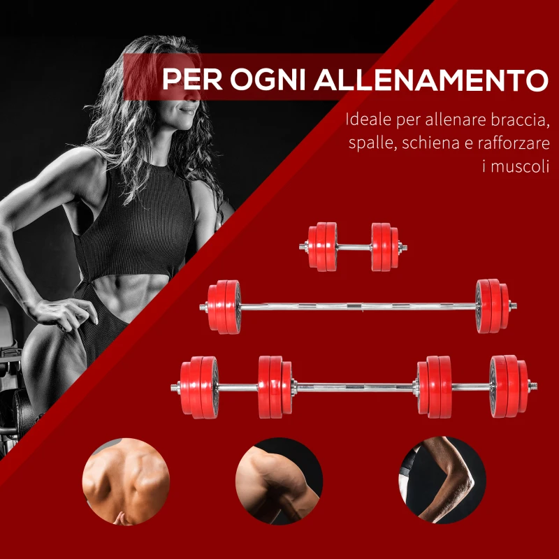 HOMCOM Set di Manubri Pesi 2 in 1 da 30kg, Dischi con Rivestimento in Plastica Antigraffio, Rosso e Nero