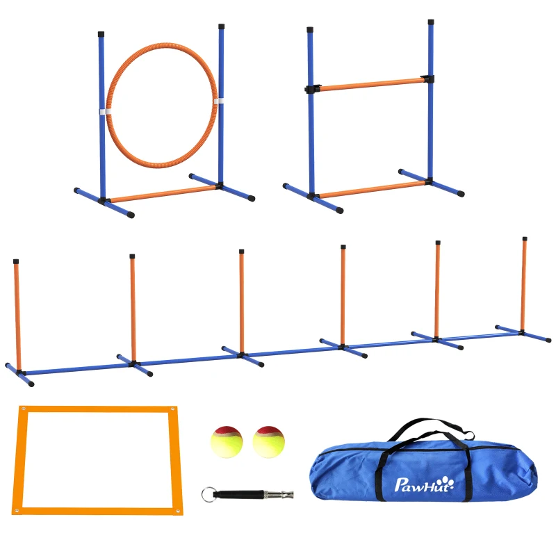 PawHut Honden-Agility-Set Hondenparcours, 1 Ring, 1 Horden, 1 Slalom-Set, 352 cm x 66 cm x 69 cm, Blauw + Rood(m-11)