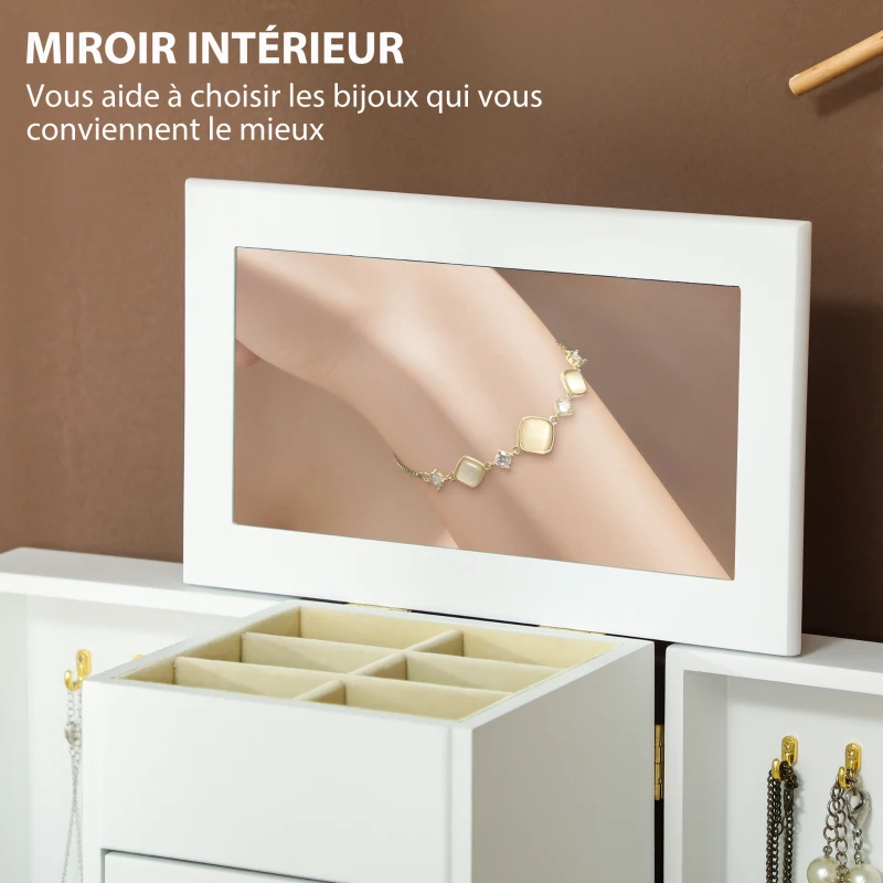 HOMCOM Boîte à Bijoux Femme à 4 Niveaux, Coffre à Bijoux en Bois avec Ailes, Miroir et 2 Tiroirs, 26,5x16 x33,5 cm, Blanc