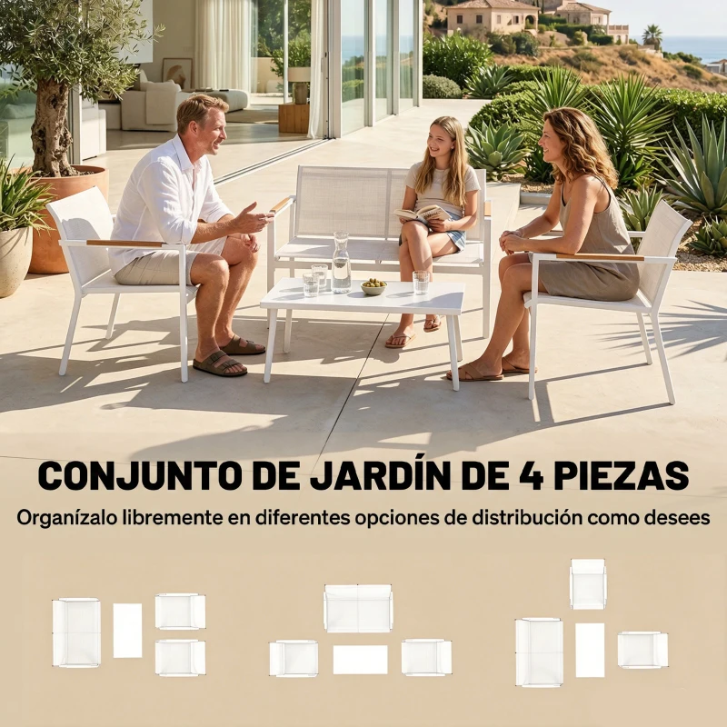 Outsunny Conjunto Jardín Exterior con Sofá de 2 Plazas 2 Sillones Mesa con Superficie Metálica Asientos Transpirables Crema