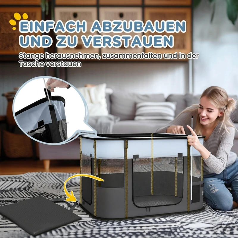 PawHut Spielgehege für Haustiere, faltbar, mit Aufbewahrungstasche, für Welpen und Kätzchen, drinnen und draußen, Grau