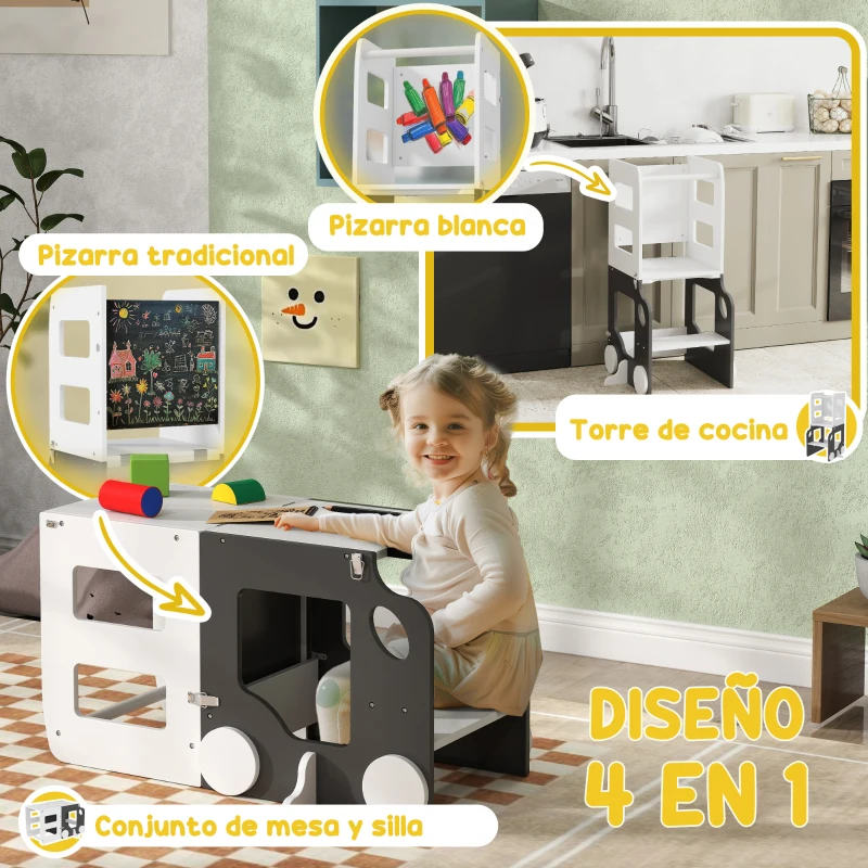AIYAPLAY Torre de Aprendizaje Taburete Infantil con Pizarra Convertible en Mesa y Silla con Diseño de Coche Blanco y Gris