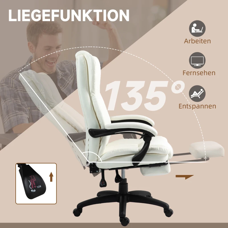 Vinsetto Verstellbarer Drehstuhl mit Fußstütze, Kopfstütze, Massagefunktion, Kunstleder, 68,5x68,5x113-121cm, Cremeweiß