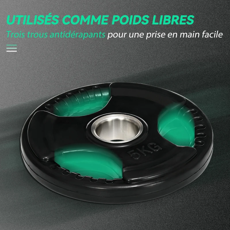 SPORTNOW Disques de poids en fonte, plaques de poids 2 x 5 kg, à 3 poignées avec trous de Ø 50 mm, couverture en caoutchouc, noir
