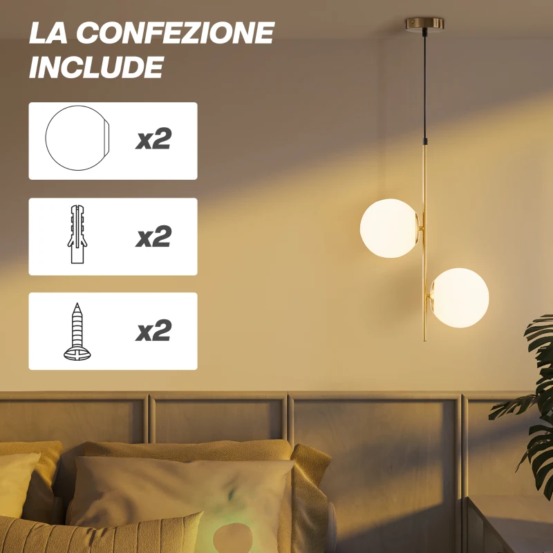 HOMCOM Lampada a Sospensione con 2 Paralumi in Vetro e Filo Regolabile, in Metallo, 32x15x51 cm, Bianca e Oro