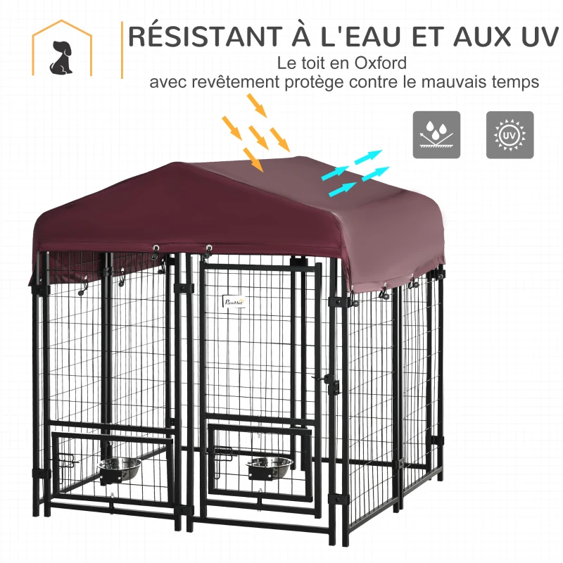 PawHut Chenil extérieur pour chiens parc à chiot avec toit en tissu oxford avec 2 supports de bol rotatifs 8 panneaux toit résistant aux intempéries 120 x 120 x 138 cm(m-4)