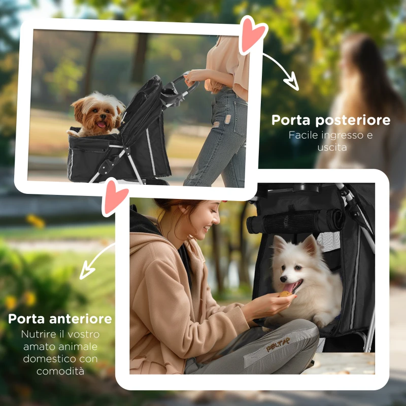 PawHut Passeggino per Cani Piccoli Pieghevole con Ruote Girevoli e Freno, 75x45x97 cm, Nero
