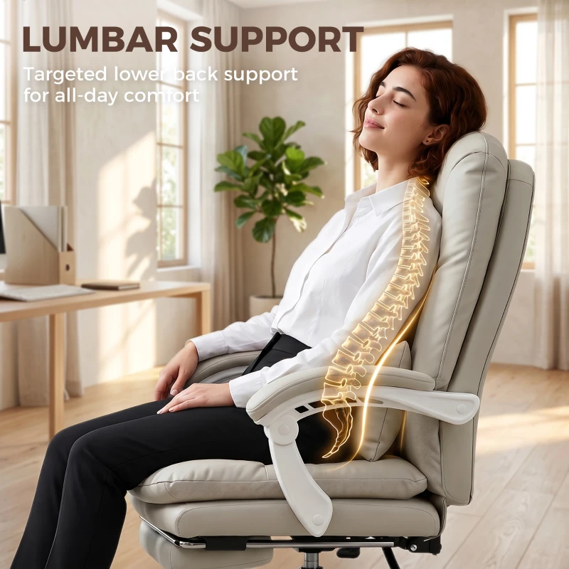 HOMCOM Ergonomic Executive Office Chair, Reclining Desk Chair with Lumbar Support, Footrest, Plush Thick Cushion, Khaki