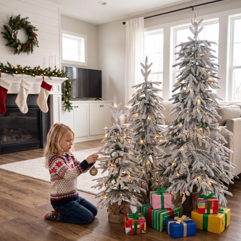HOMCOM Prelit Flocked Artificial Christmas Tree Set of 3 Snowy Xmas Tree Warm White LED Lights (3FT+4FT+5FT)