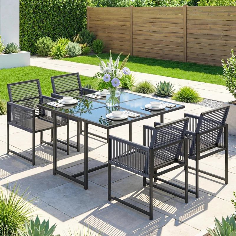 Outsunny 5 Pieces Garden Dining Set, Outdoor Patio Cube Set, 4 Seater Outdoor Table and Chairs with Foldable Backrest, Dark Grey