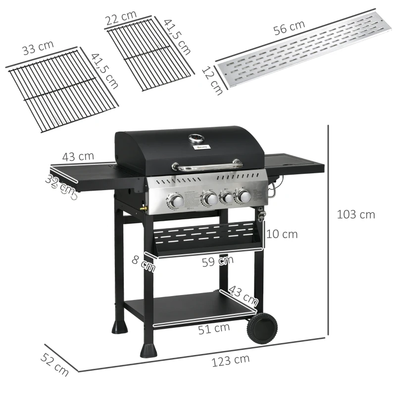 Outsunny Gasgrill, BBQ-grill, 4 hoofbranders, 1 zijbrander, 1 warmhoudplaat; 123 x 52 x 101cm, Zwart