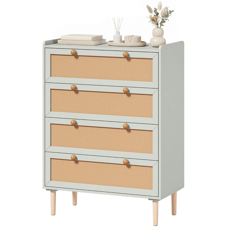 HOMCOM Cômoda 4 Gavetas em Madeira e Rattan PVC, Estilo Boêmio, para Quarto, Entrada, Corredor, 80x40x109,2cm, Verde Sálvia