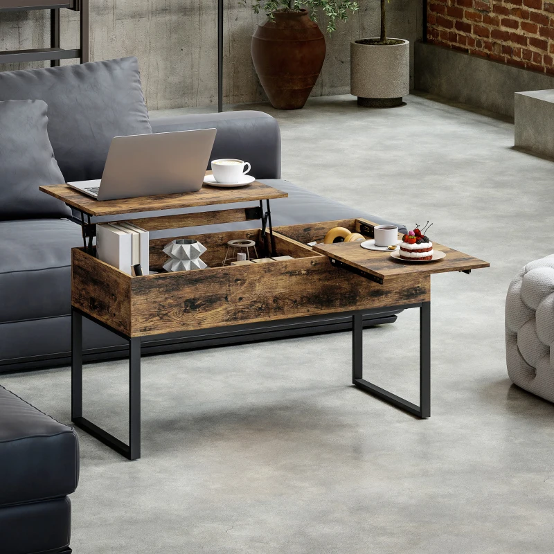HOMCOM Mesa de Centro Elevatória com Bancada Deslizante Fecho Suave e Espaço Oculto de Arrumação 100x45x67 cm Castanho Rústico