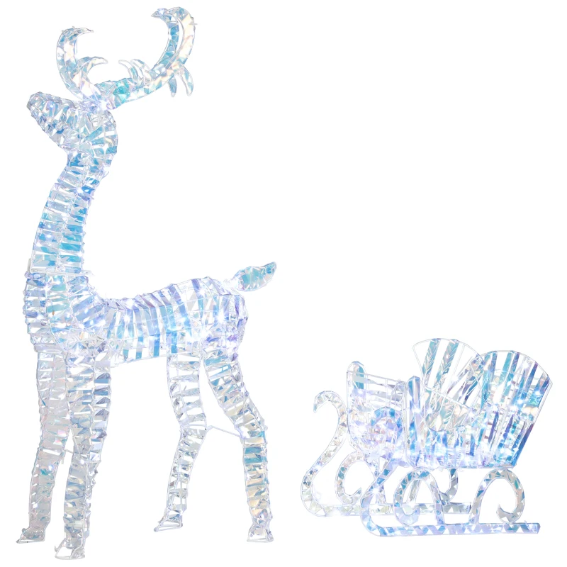 Outsunny Lighted Christmas Reindeer with Sleigh, Outdoor Yard Reindeer with 170 Warm White LED Lights, Holiday Decor with Stakes, Waterproof, Silver