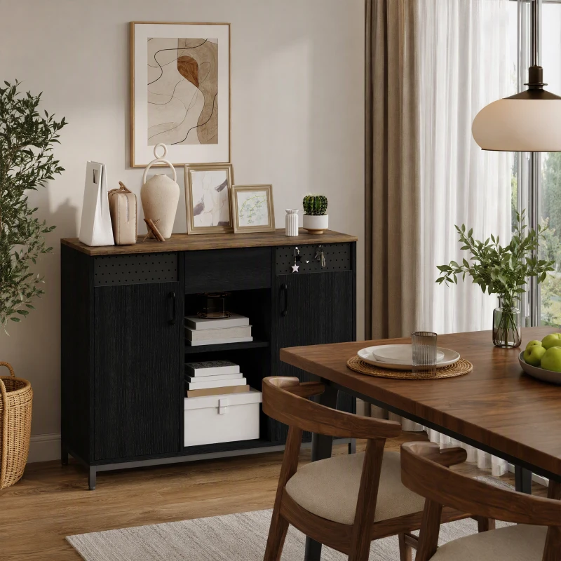 HOMCOM Aparador de 2 Portas com Orifícios 2 Compartimentos e Gaveta Prateleiras Ajustáveis 100x40x80 cm Preto e Castanho Rústico