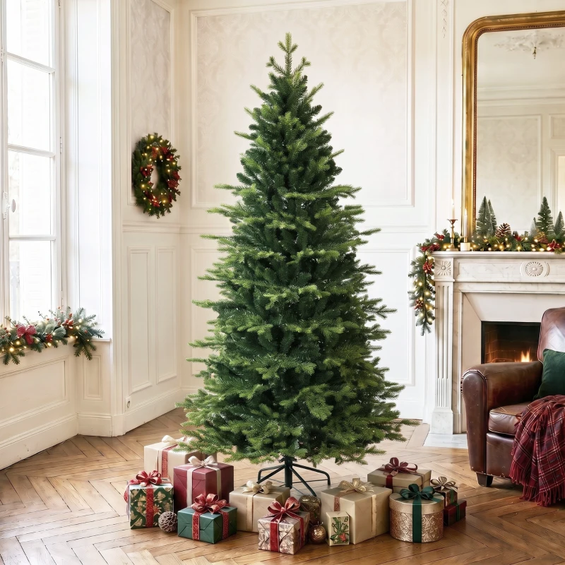 HOMCOM Geneva Fir Hinged Xmas Tree, 6ft/180cm Artificial Christmas Tree with 1610 Branch Tips, Foldable Steel Stand, Green