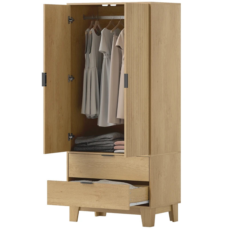 HOMCOM Armoire chambre penderie avec 2 portes à fermeture douce, 2 tiroirs et barre de suspension, 80x50x180cm, bois naturel