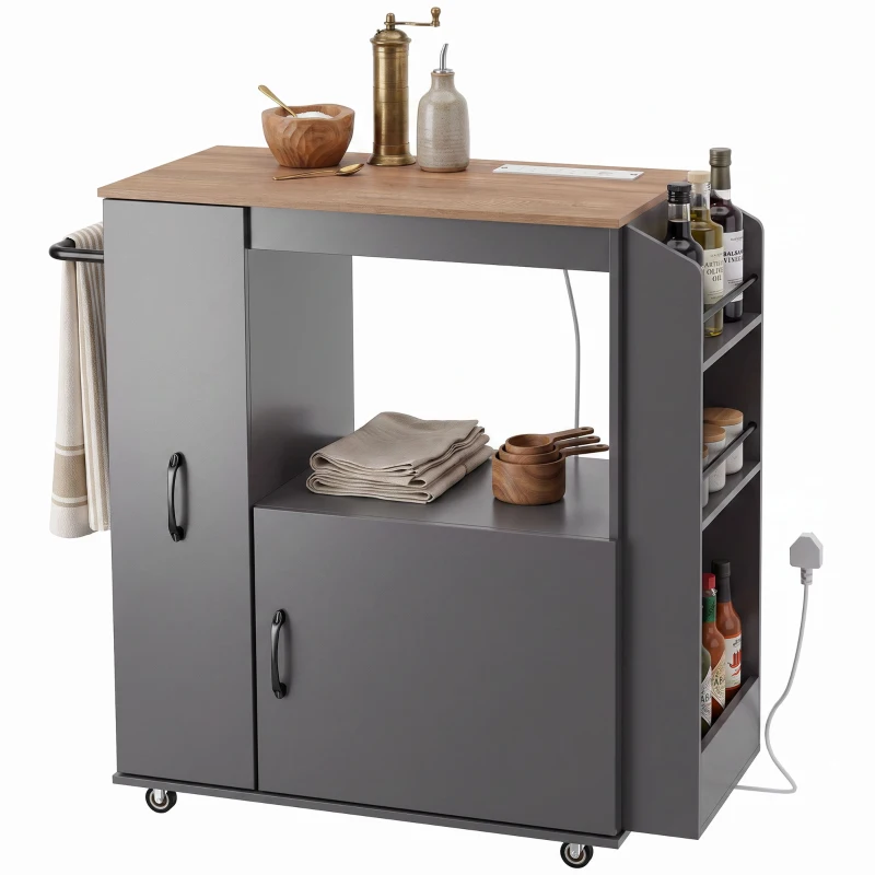 HOMCOM Kitchen Trolley on Wheels, Rolling Kitchen Island Cart with Power Outlet, Cabinet, Pull-Out Drawer, Grey
